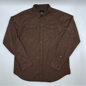 Prana Men’s Button Down Long Sleeve Shirt Large Brown Cotton Blend EUC